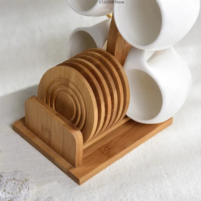 Ceramic Tea Cup Set with Bamboo Stand