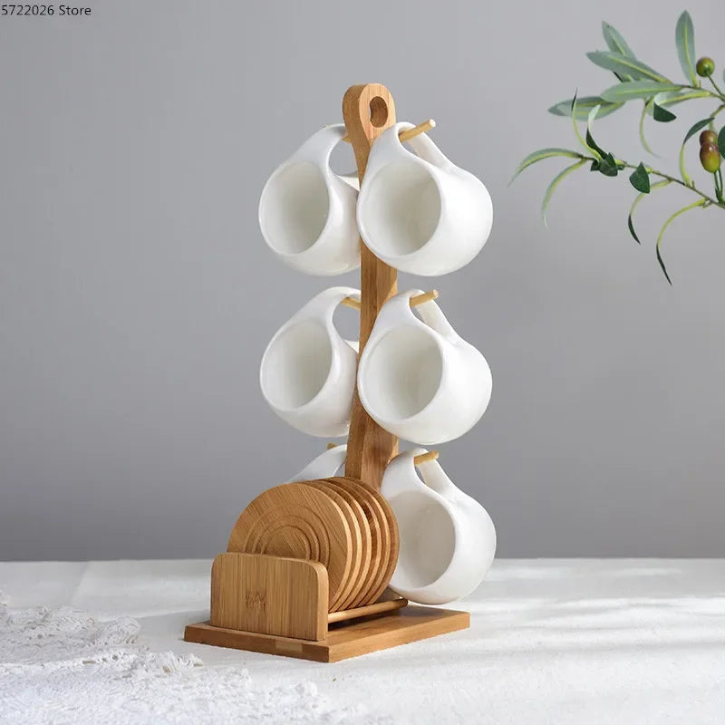 Ceramic Tea Cup Set with Bamboo Stand