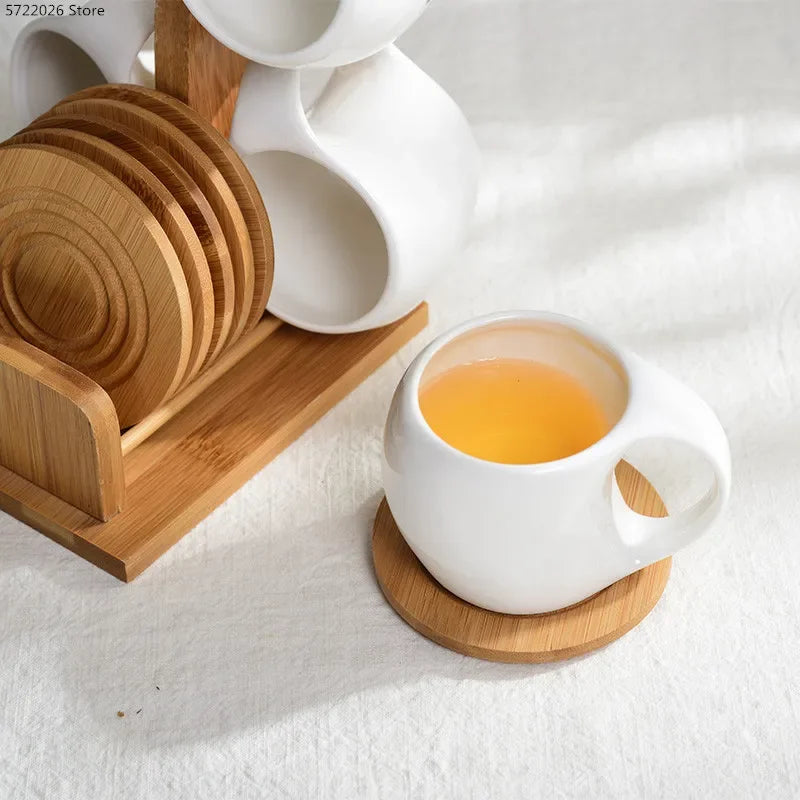 Ceramic Tea Cup Set with Bamboo Stand