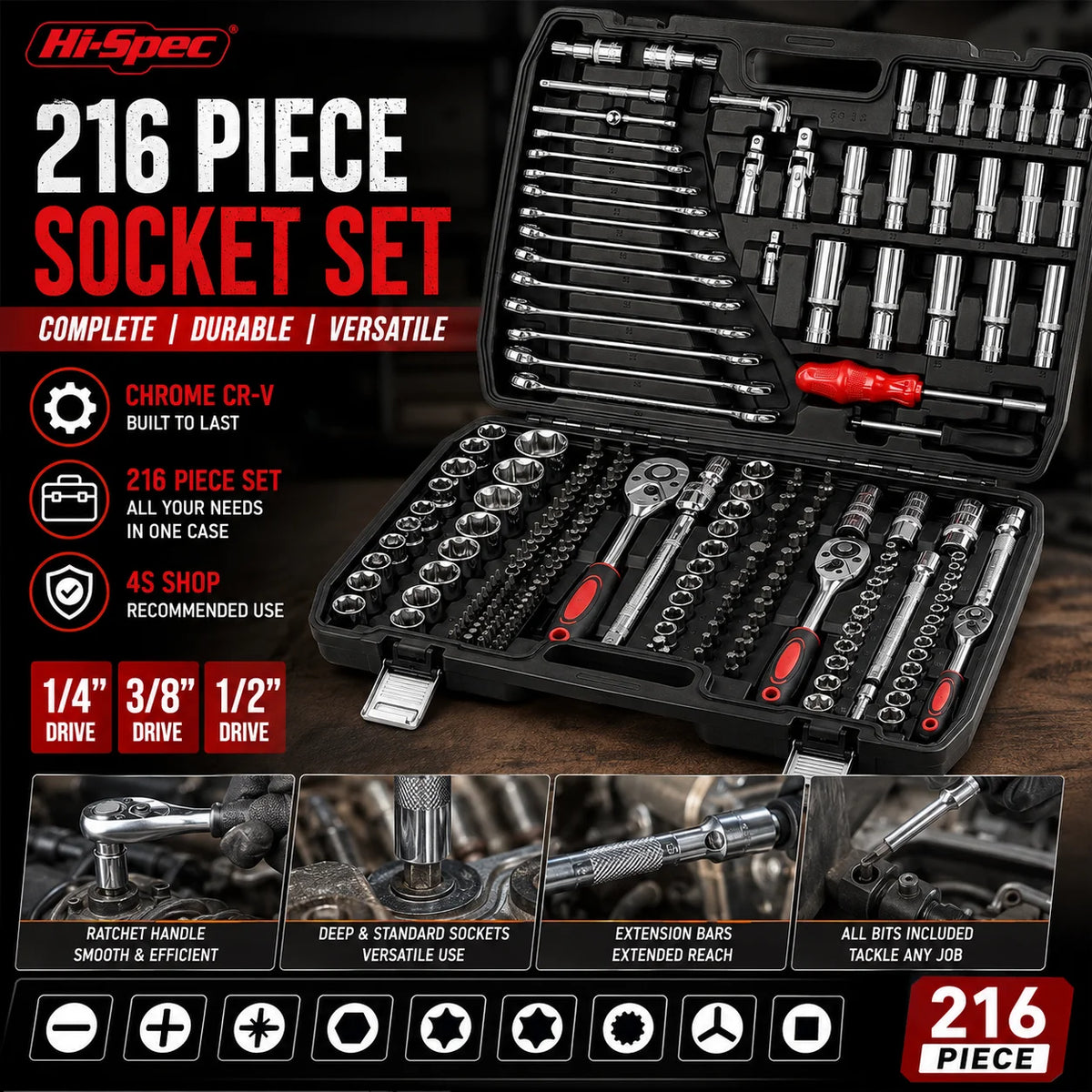 216-Piece Mechanics Tool Set — Socket Wrench Kit