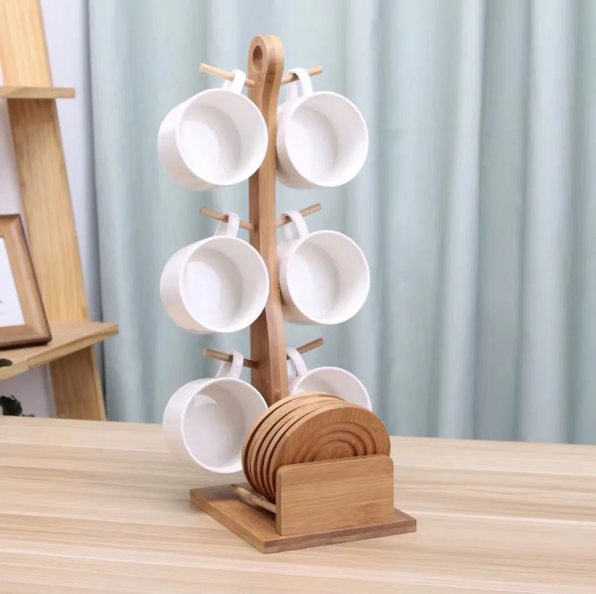 Ceramic Tea Cup Set with Bamboo Stand