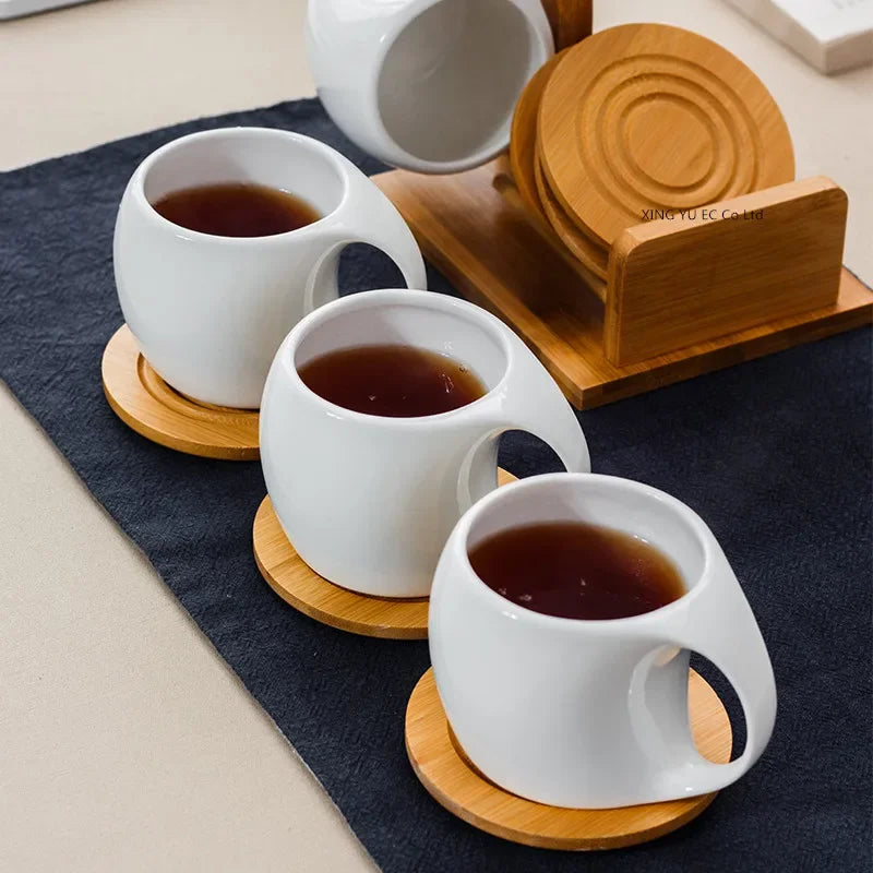 Ceramic Tea Cup Set with Bamboo Stand