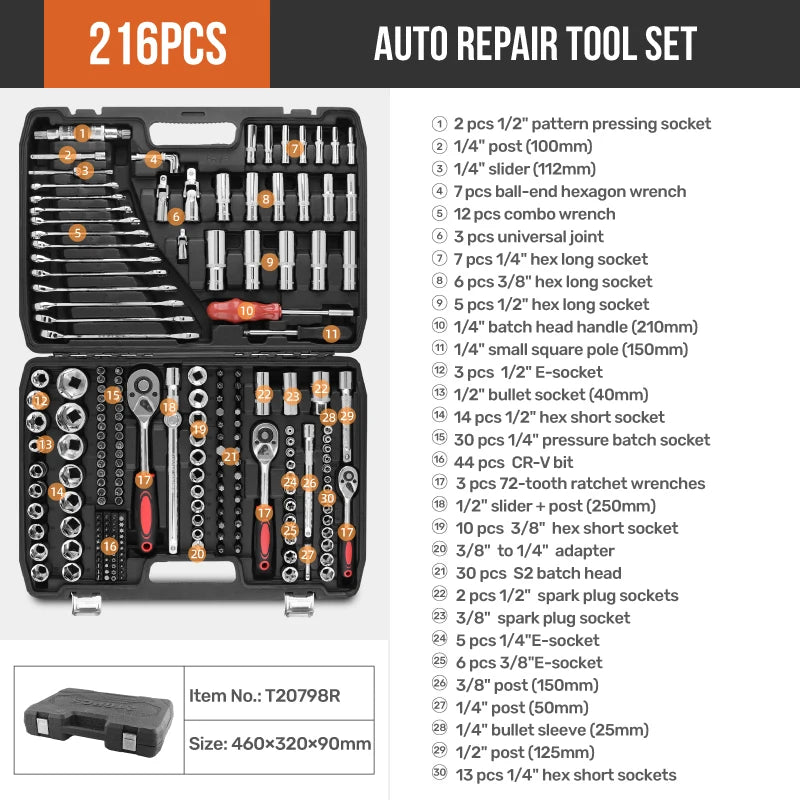 216-Piece Mechanics Tool Set — Socket Wrench Kit